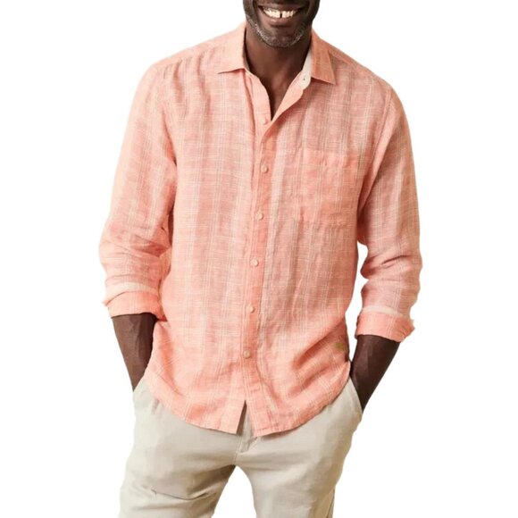 Tommy Bahama Ventana Plaid Linen Button Down Shirt Mens Large Dark Coral
